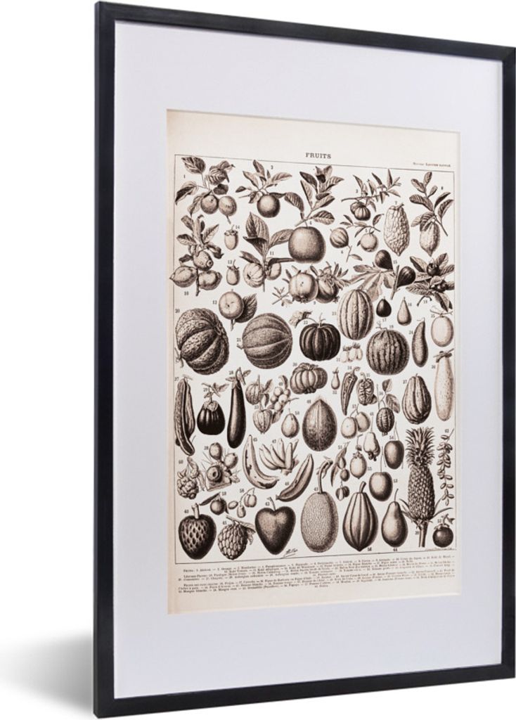 MuchoWow Gerahmtes Poster Obst - Lebensmittel - Schwarz - Weiß 40x60 cm - Poster mit Schwarzem Bilderrahmen Wandposter Rahmen Foto Bilder - Post...