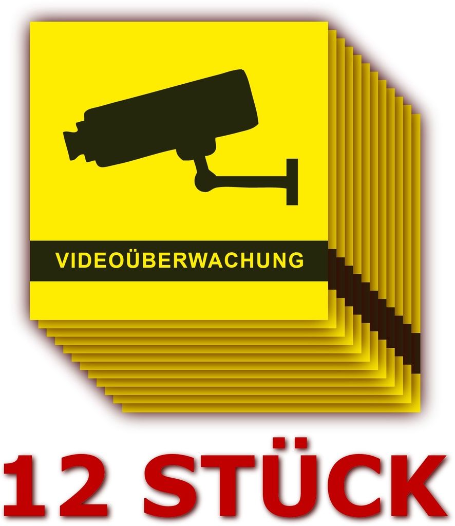 12 Stück - Folienaufkleber Videoüberwachung gelb Größe 5 x 5 cm - für innen und außen geeignet ( 507k )