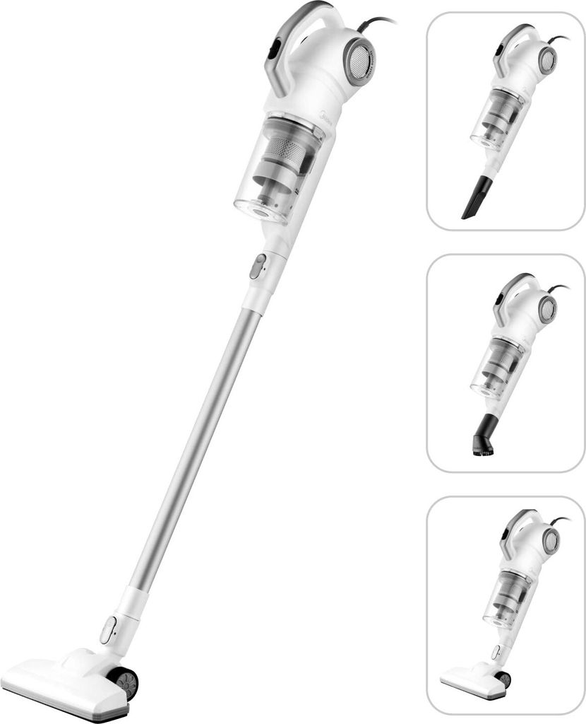 A white stick vacuum cleaner is shown from a low angle, with smaller inset images on the right.