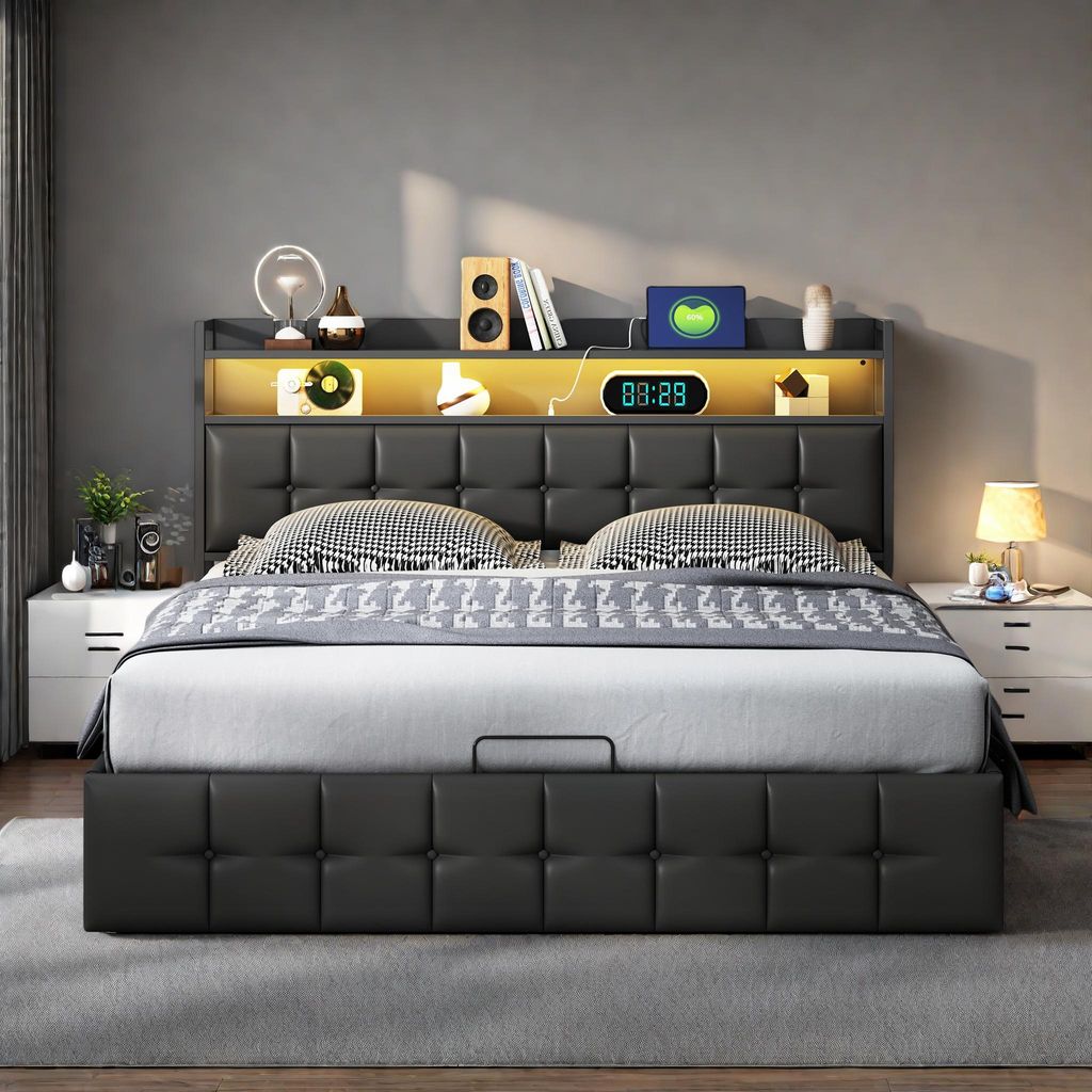 Multifunktionales Bett (140 x 200 cm) aus schwarzem Kunstleder mit RGB-LEDs, hydraulischem Staufach, integrierten Steckdosen und europäischem Lade...