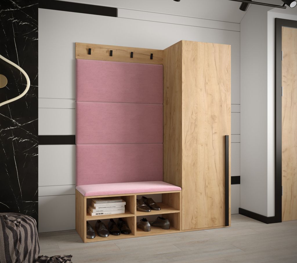Flurwand mit gepolsterten Paneelen HARRISON – Eiche Gold, rosa Paneele