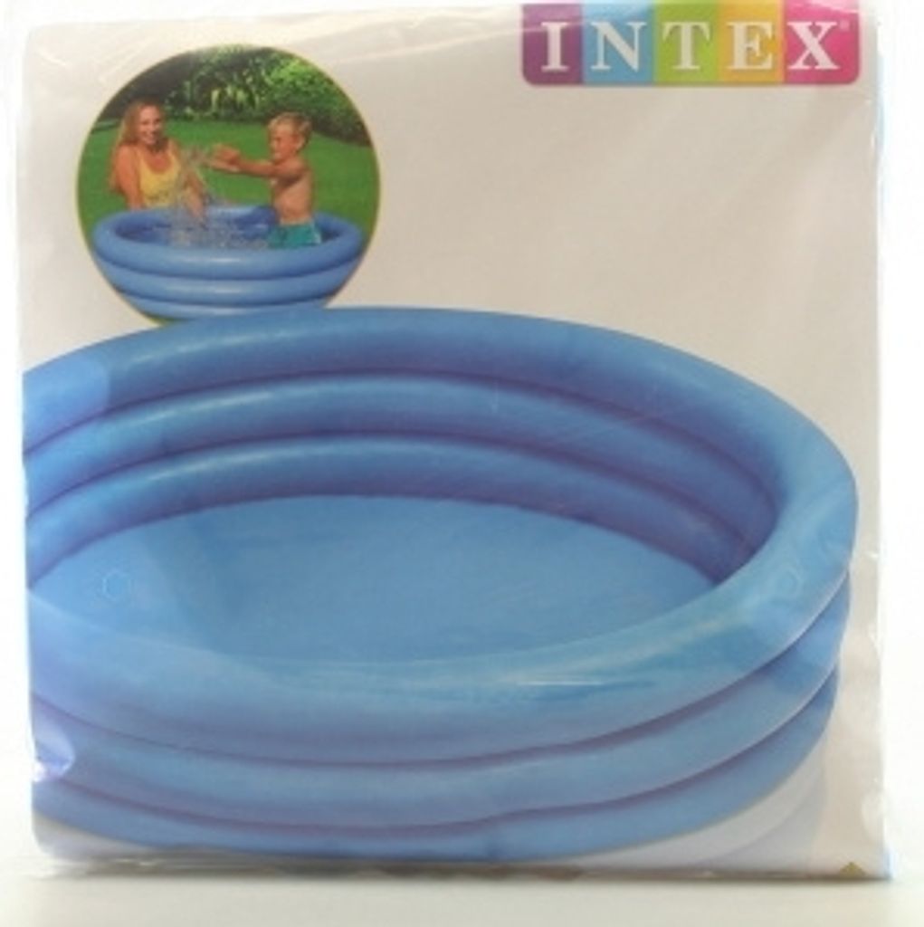The image shows the packaging of an Intex inflatable pool. A small circular inset shows two people playing in a pool.