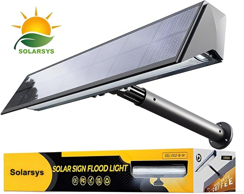 A solar-powered floodlight with a solar panel and adjustable arm, shown against a white background. The product packaging is visible at the bottom.