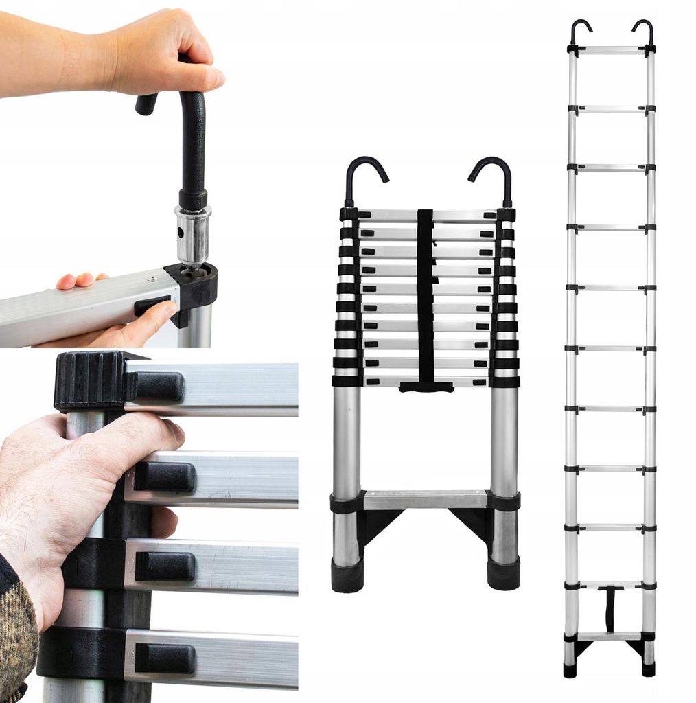 Baulich | Teleskopleiter - 13 Stufen - 4,9 m Arbeitshöhe - Stahlleiter - Klappbar - Höhenverstellbar mit Haken - Rutschfest - Max. Traglast 125 Kg