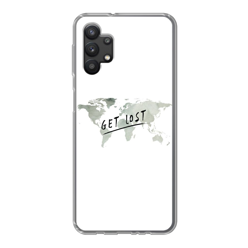 MuchoWow Handyhülle Schutzhülle Hülle für Samsung Galaxy A32 5G Weltkarte - Grau - Zitat Silikon Softcase Handy Hülle - Softcase