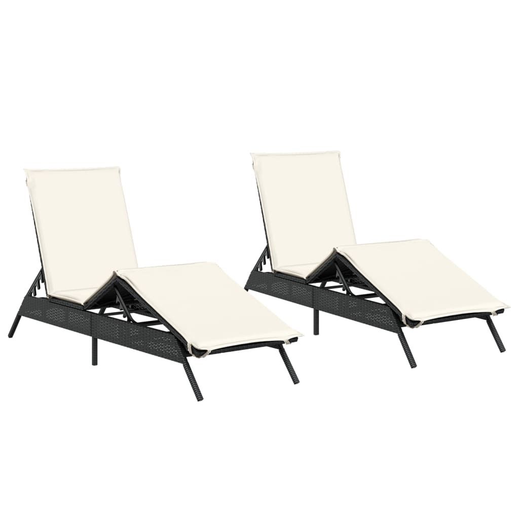 vidaXL Sonnenliegen mit Auflagen 2 Stk. Schwarz Poly Rattan