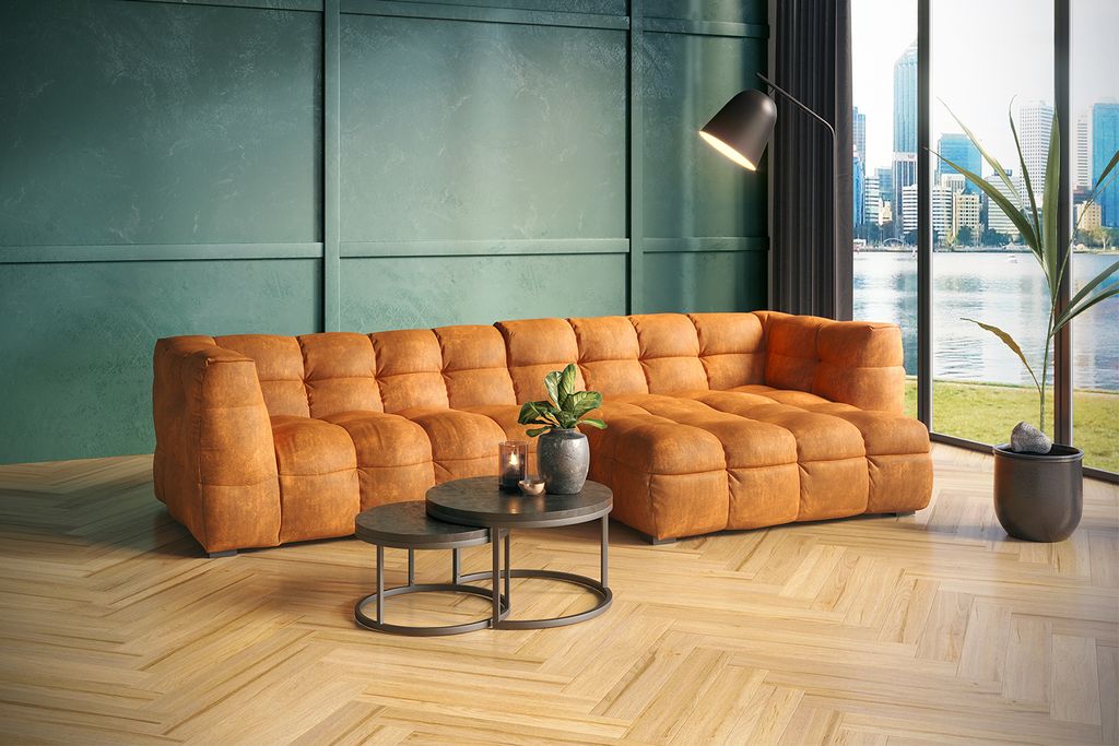 KAWOLA Sofa ROSARIO Ecksofa Velvet gold Recamiere rechts