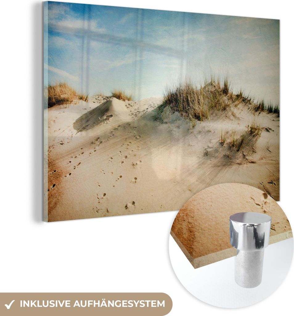 MuchoWow Glasbilder - Bilder auf Wandbild - Foto auf Glas Sanddünen unter einem bedeckten Himmel 120x80 cm Wanddekoration aus Glas - Acrylglasbild...