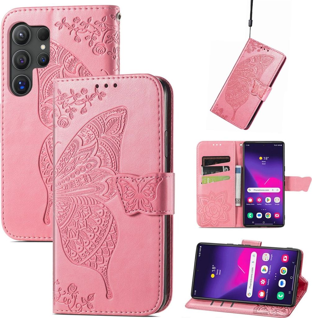 Für Samsung Galaxy S25 Ultra 5G Kunstleder Wallet Handy Tasche Schmetterling Design Hülle Etuis Pink