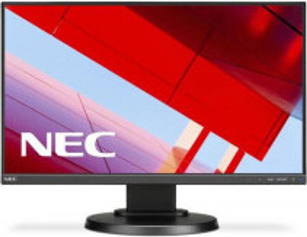 A front view of a black NEC MultiSync monitor displaying a colorful abstract image.