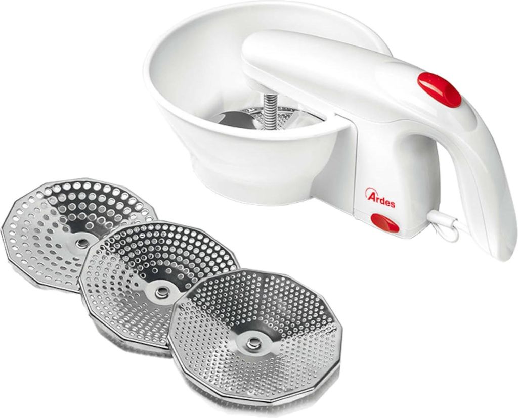 A white electric food processor with three stainless steel discs is displayed against a white background.