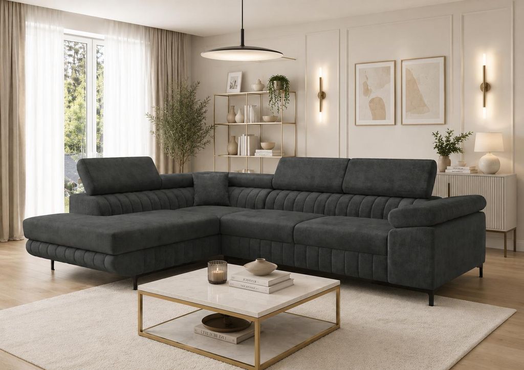Letano Milano Ecksofa mit Schlaffunktion und Bettkasten, Wohnlandschaft L-Form, Couch Velours fleckgeschützt, MONOLITH 92, Dunkelgrau