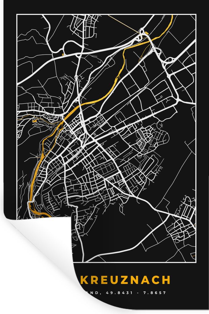 MuchoWow Wandtattoo Wandsticker Wandaufkleber Deutschland - Schwarz und Gold - Bad Kreuznach - Stadtplan - Karte 60x90 cm Selbstklebend und Repos...