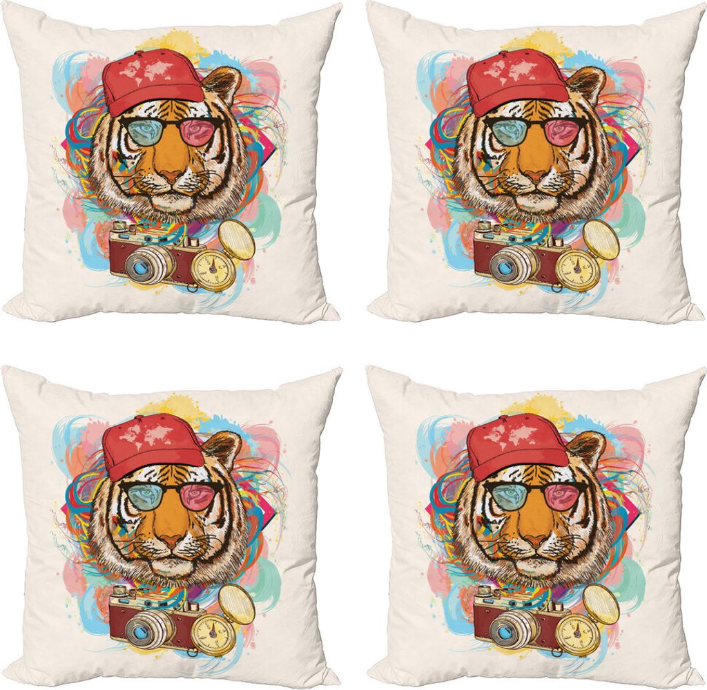 ABAKUHAUS Tier Kissenbezug Set (4 Stück), Hipster Tiger Sonnenbrille, Moderner Doppelseitiger Digitaldruck, 60 cm x 60 cm, Mehrfarbig