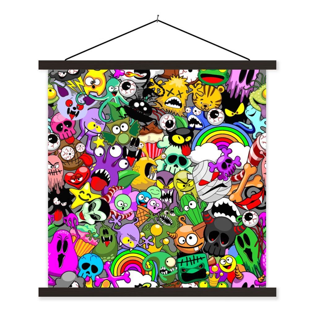 MuchoWow Textilposter Neon - Muster - Lustig - Monster - Regenbogen - Kinder 120x120 cm mit schwarzem Rahmen - Aufhängungsset