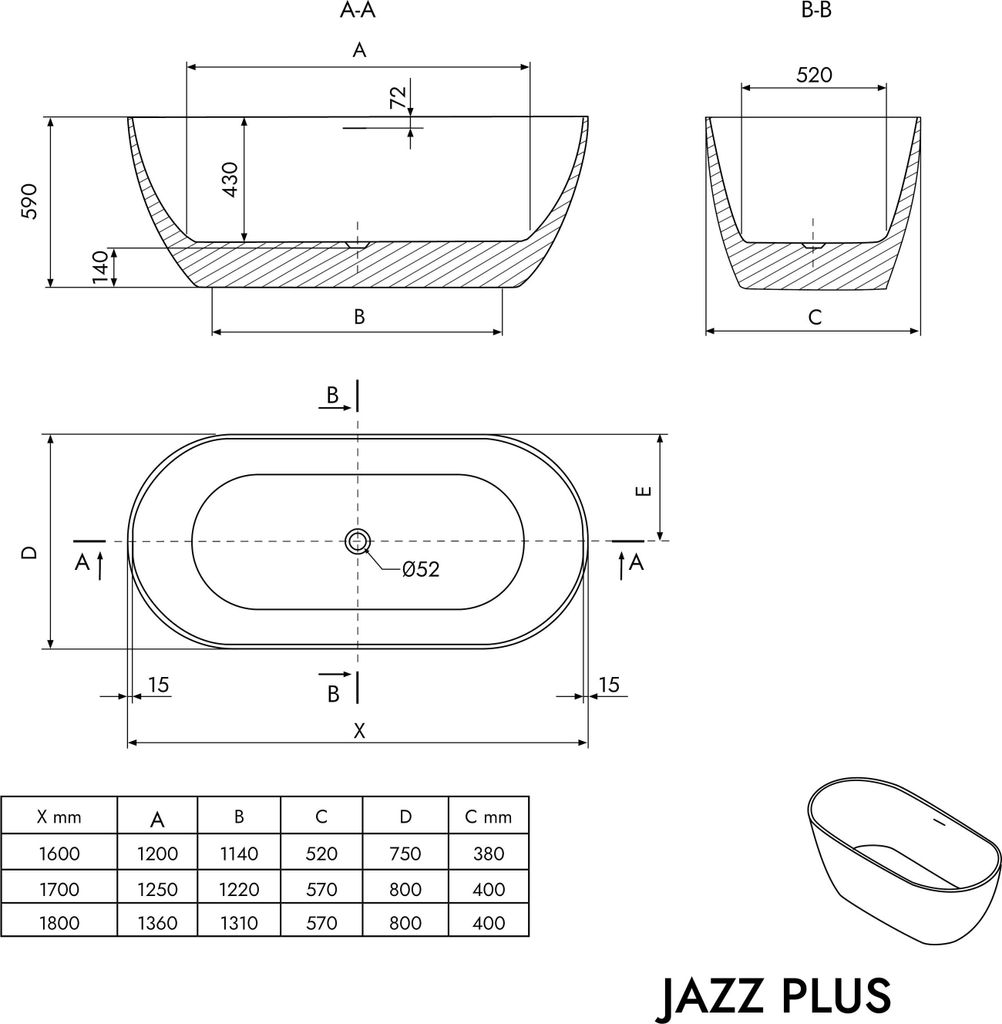 Freistehende Badewanne JAZZ PLUS 2.0 - Acryl - Weiß, glänzend - 160 x 75 x 59 cm