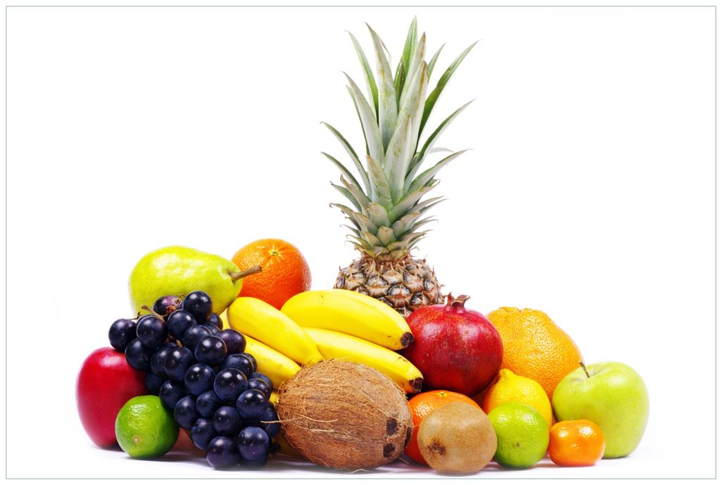 Wallario Wandbild aus Acryl, 90 x 60 cm, freischwebende Optik - Gemischtes Obst aus aller Welt - Exotische Obstsammlung