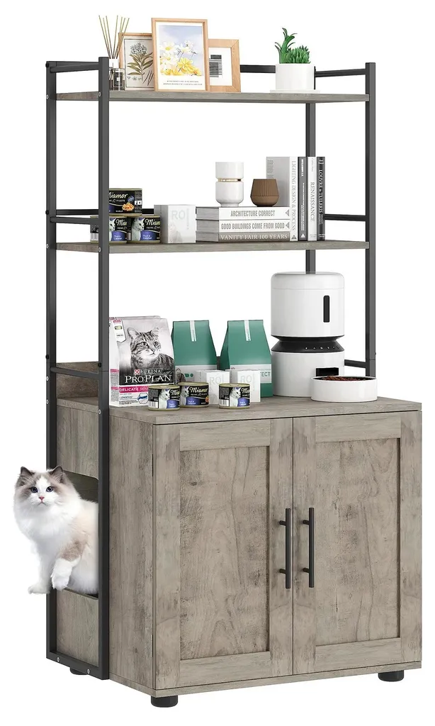 Meuble pour bac à litière beige avec étagères et doubles portes en bois