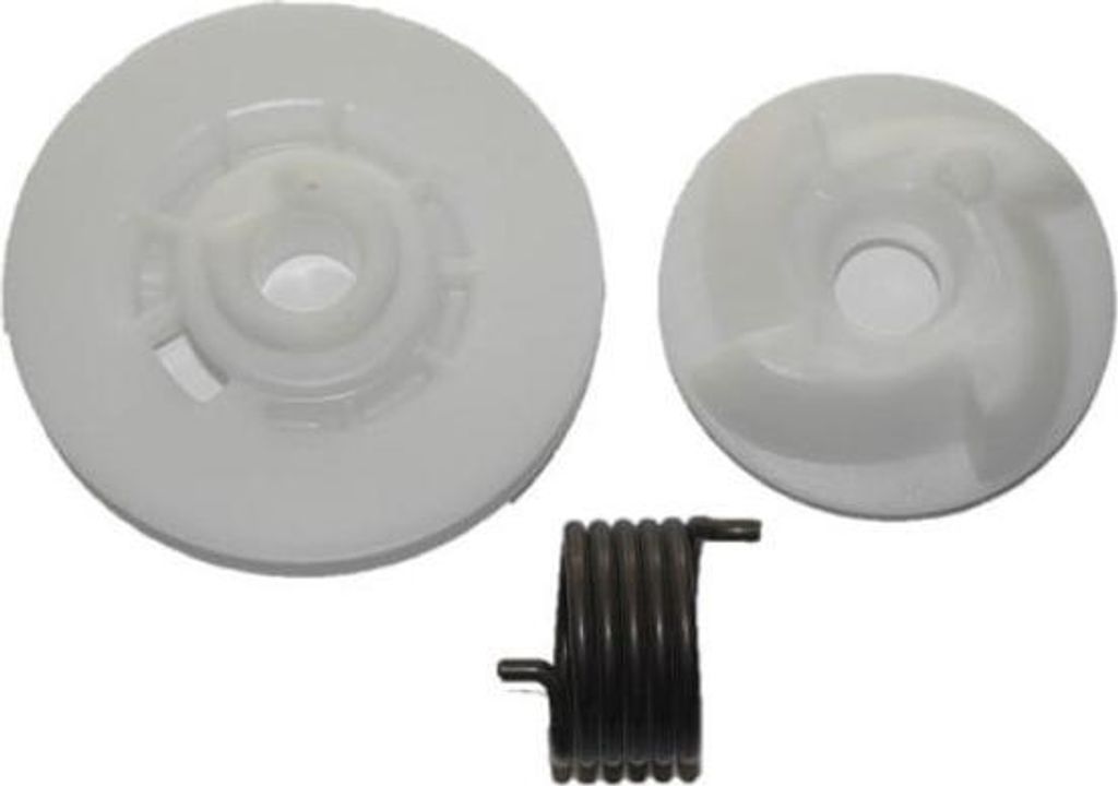 Three parts of a chainsaw engine starter mechanism are laid out on a white background.