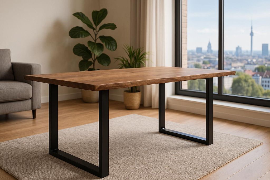 Esszimmertisch 200x100 cm Laurina, Baumkantentisch aus Akazienholz, massiv + stonefarben, U-Metallgestell Schwarz, Esstisch mit echter Baumkante