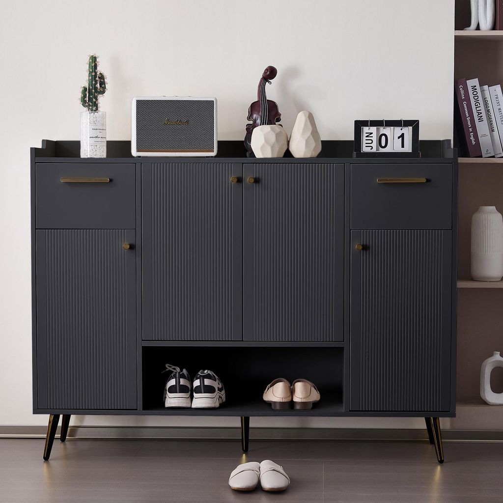 Sweiko Schuhschrank, Schuhregal mit 2 Schubladen und 4 Türen, Metallfüße, Maße: B130/W37/H100, schwarz