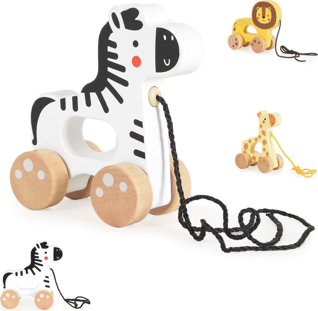 Tooky Toy Nachziehspielzeug Holztier, mit 4 Rädern, Ziehschnur, ab 18 Monate weiß