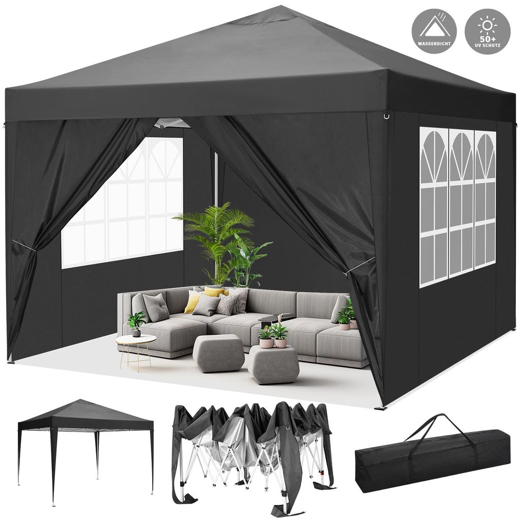 Faltpavillon 3 x 3m Pop Up Pavillon Faltbar Wasserdicht Gartenzelt, UV-Schutz 50+ Pavillons & Partyzelte Festzelt mit 4 Seiten für für Camping / ...