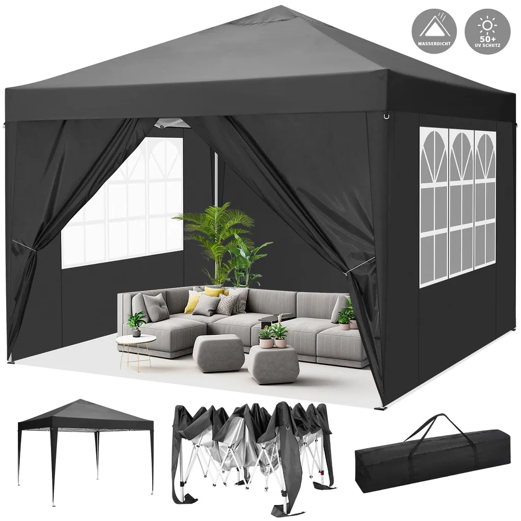 Barnum de jardin 3x3m pour mariage et camping noir avec côtés zippés