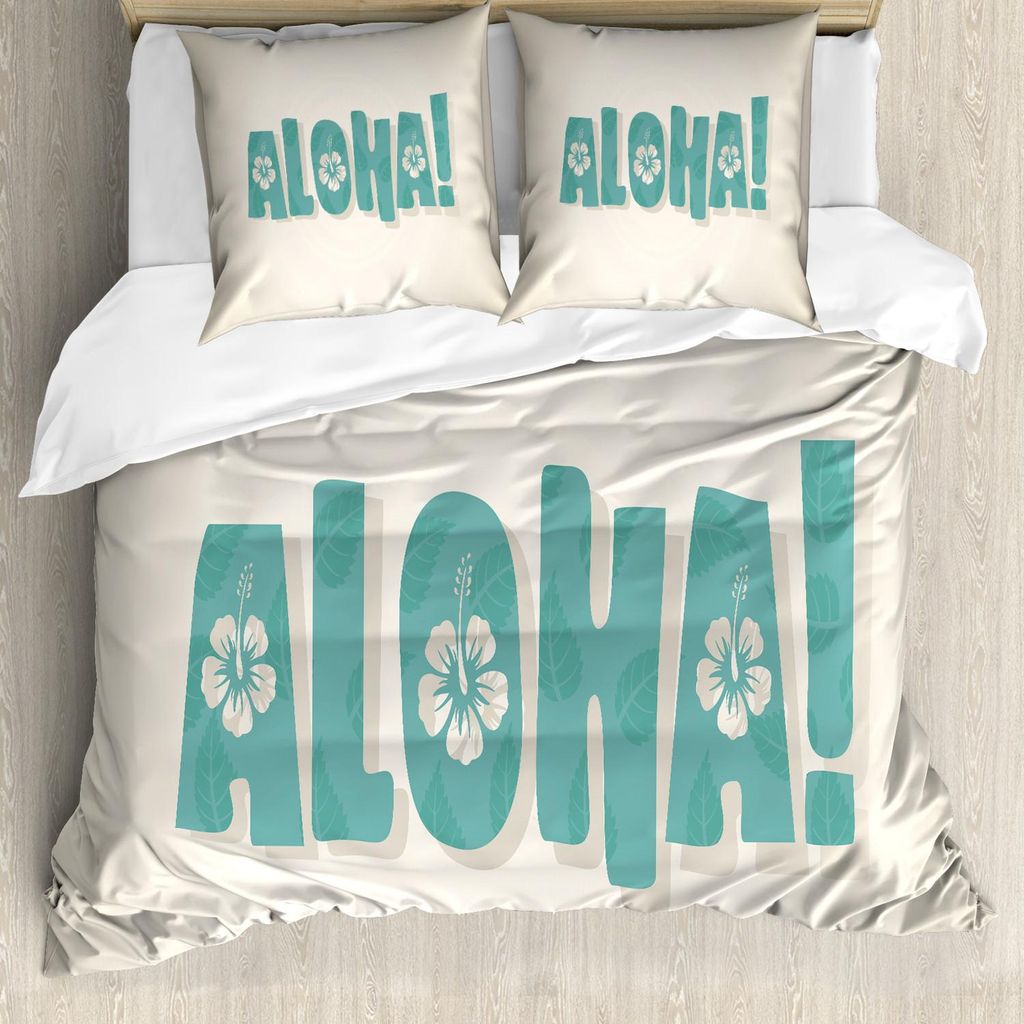 ABAKUHAUS Aloha Bettbezug Set, Bubbly Kalligraphie mit Blumenmotiven auf einem einfachen Hintergrund Tropical, 155 x 220 cm + 80 x 80 cm, Eischale ...