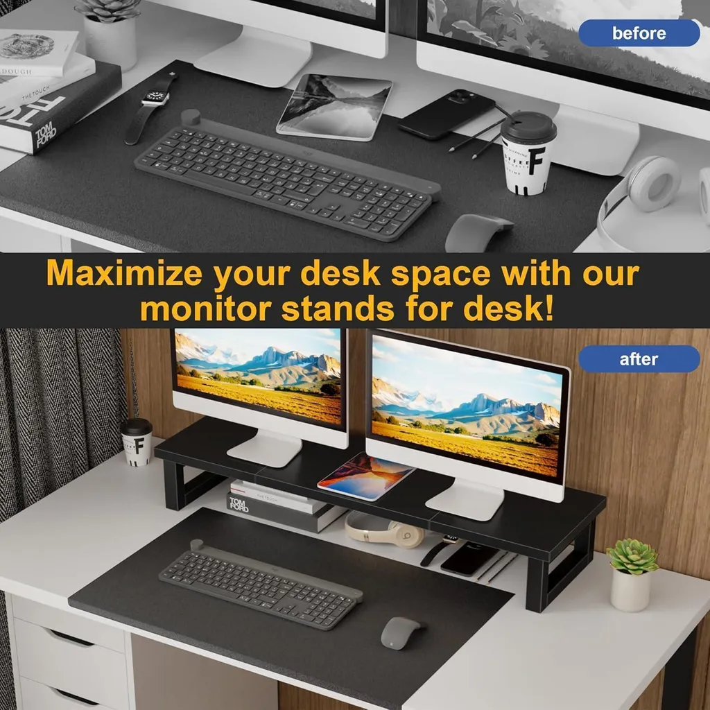 Support de moniteur double noir 91x26cm pour bureau et télétravail