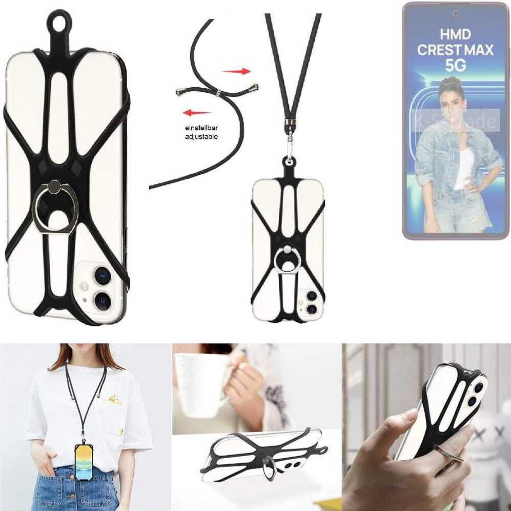 K-S-Trade 3in1 Handykette Handyband Handykordel Halsband Smartphone-Ring Handy-Ring kompatibel mit HMD Crest Max 5G Fingerhalterung Handyring