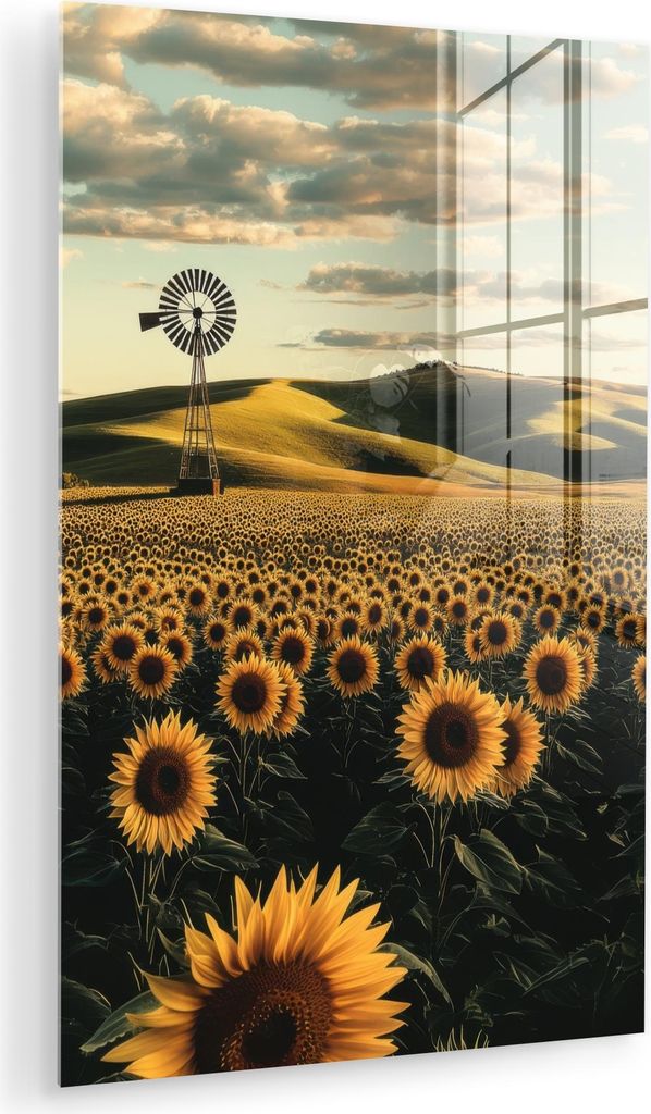 MuchoWow Glasbilder - Bilder auf Wandbild - Foto auf Glas Sonnenblume - Feld - Windmühle 20x30 cm Wanddekoration aus Glas - Acrylglasbild - Acrylb...