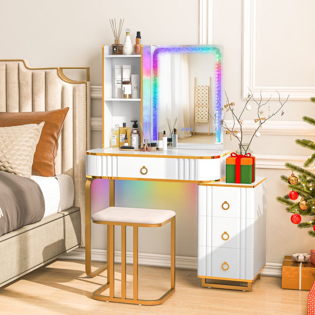LED-Schminktisch mit Hocker & Beleuchtung, Frisiertisch mit 14 dimmbarer Modi, kabelloser/USB/Typ-C-Ladestation, 4 Schubladen & Schmuckablage & Spi...