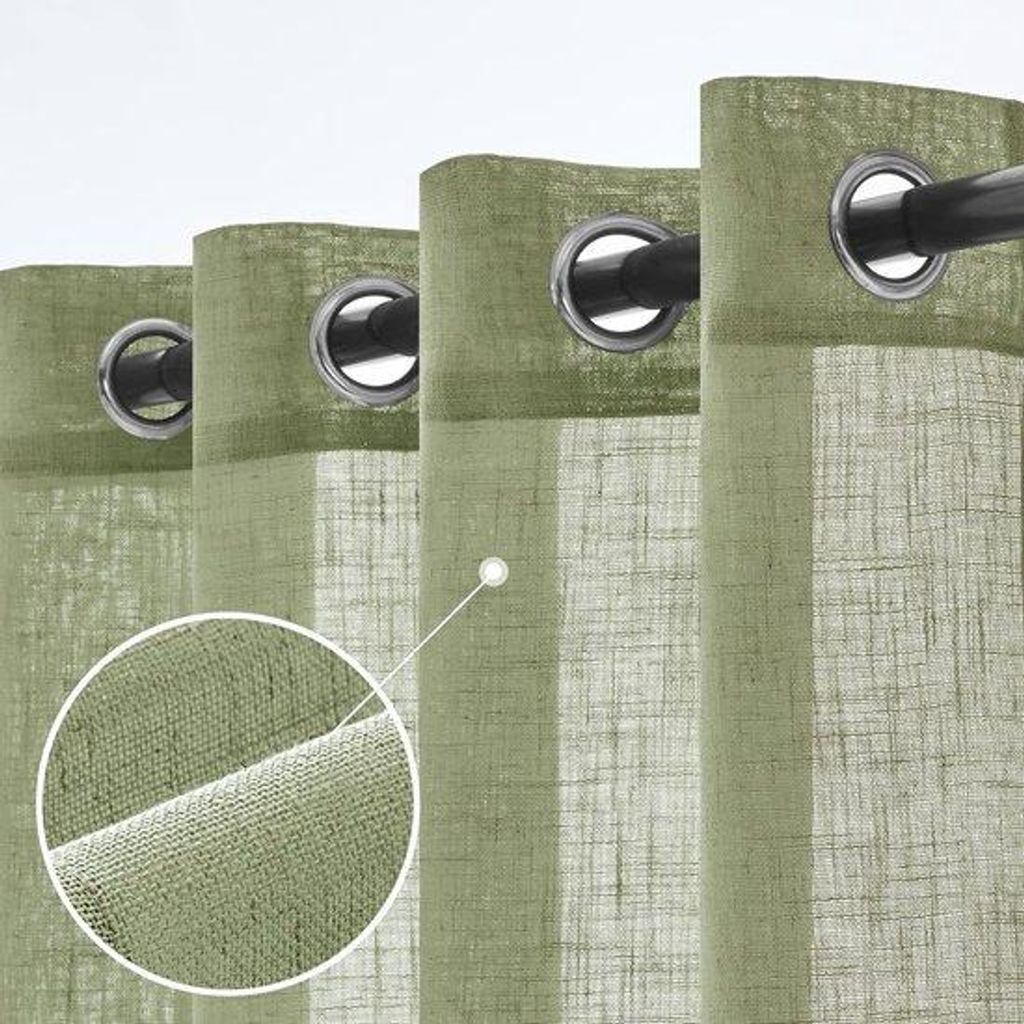 Linnen Vorhang, grün, Wohnzimmer, halbtransparent, mit Augen, Baumwoll-Look, Schlafzimmer, modern, Augen-Vorhang, Raffstoren-Vorhang, Set von 2, 1...