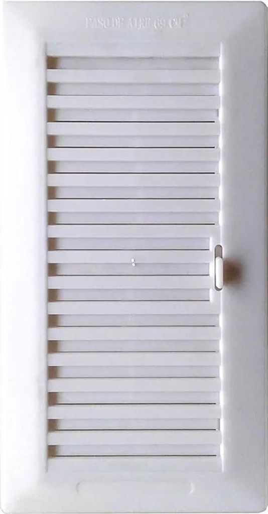 A white louvered vent cover with a small handle on the right side.