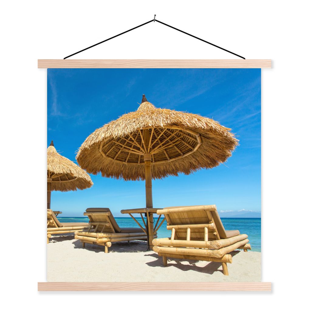 MuchoWow Textilposter Strandkorb - Strand - Sonnenschirm - Meer - Sommer 120x120 cm mit holzfarbenen Rahmen - Textil-Poster