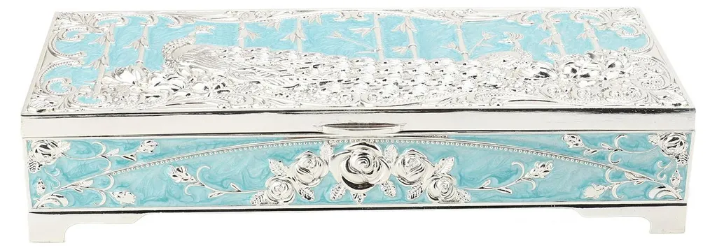 Boîte à Bijoux Vintage en Métal Motif Paon - Coffret Rectangulaire Chic