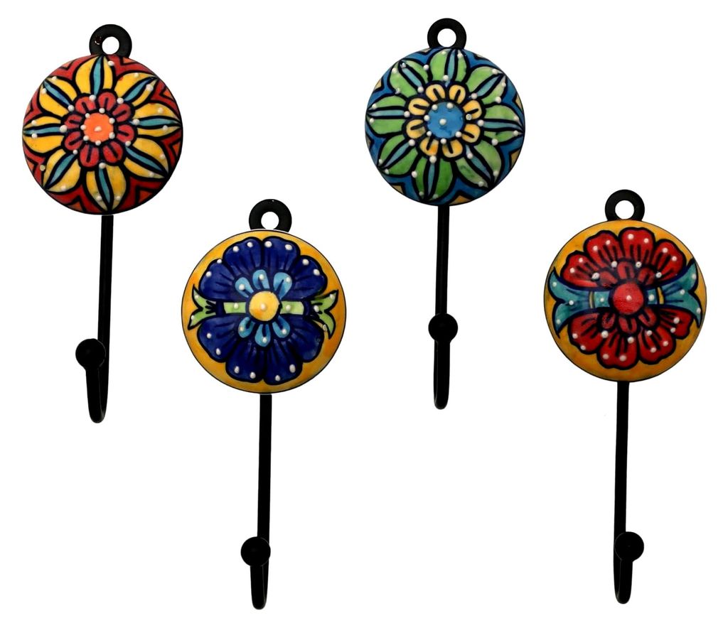 Wandhaken Haken bunt Set rund Keramik Handtuchhaken handbemalt (Groß rund Set/4)