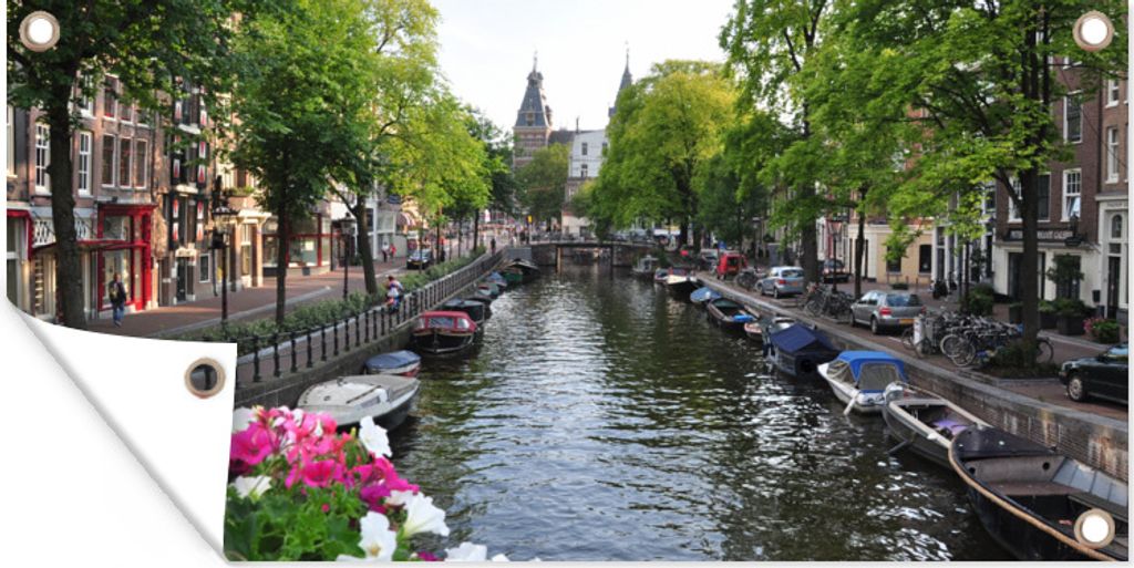 MuchoWow 80x40 cm Outdoor-Poster Gartendeko Sichtschutz Garten Poster für den Garten Amsterdam - Sommer - Blumentöpfe