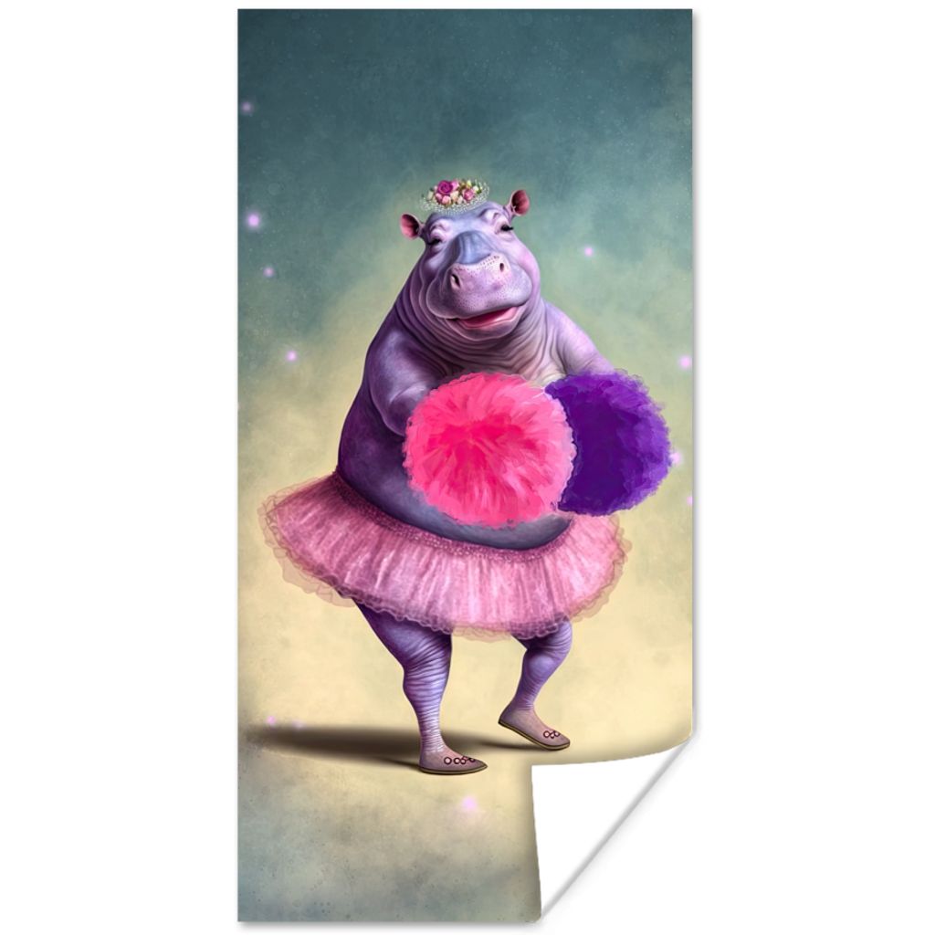 MuchoWow Poster Nilpferd - Blumen - Ballerina - Pompons - Porträt 60x120 cm - Wandschmuck