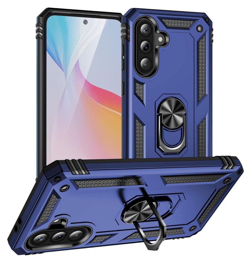 A blue phone case with a ring holder is displayed from multiple angles.