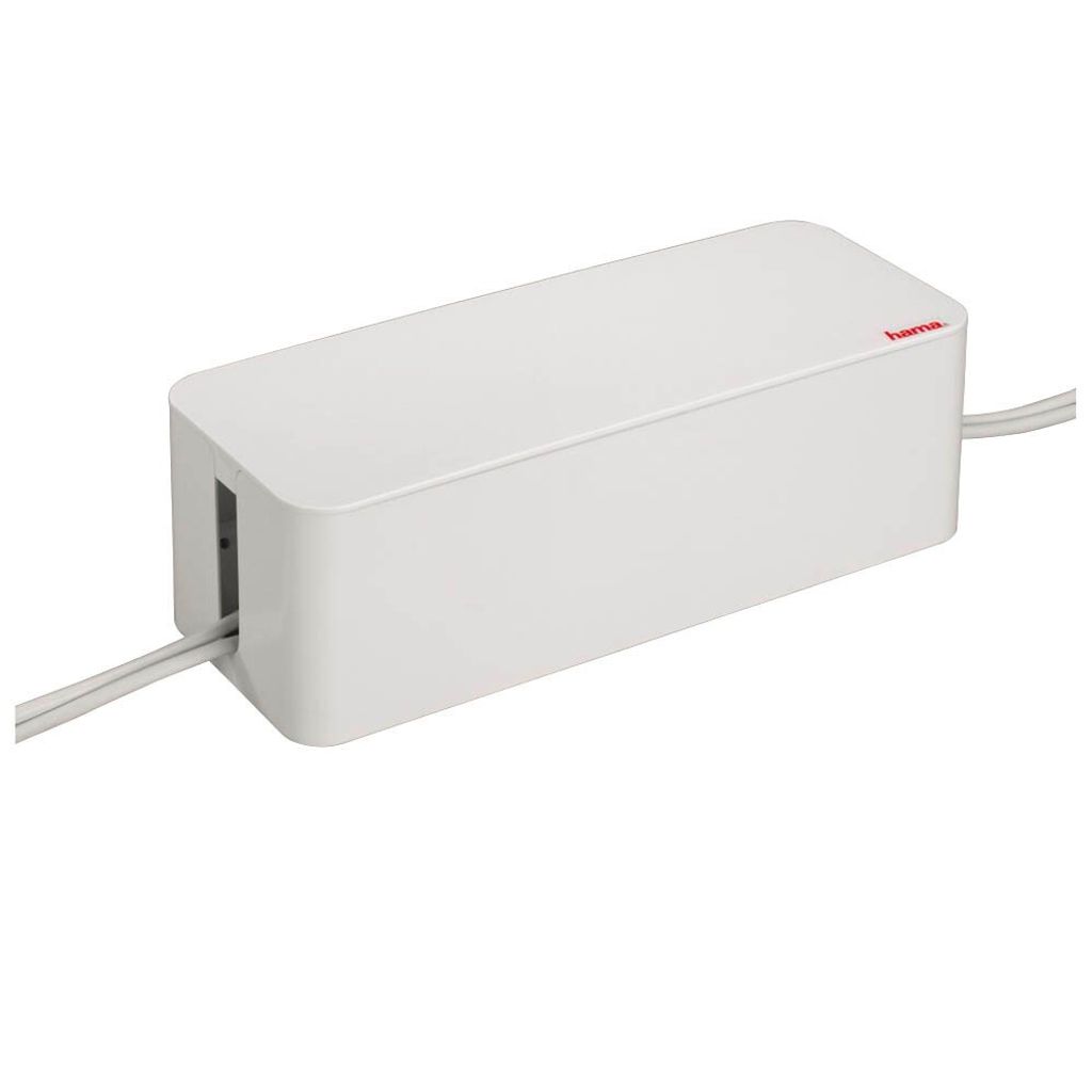 A white cable management box with cables entering from the left and exiting to the right.