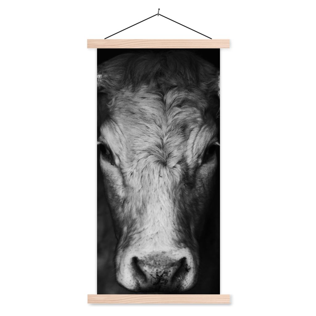 MuchoWow Textilposter Tiere - Kuh - Schwarz - Weiß - Kuhkopf 60x120 cm mit holzfarbenen Rahmen - Holz