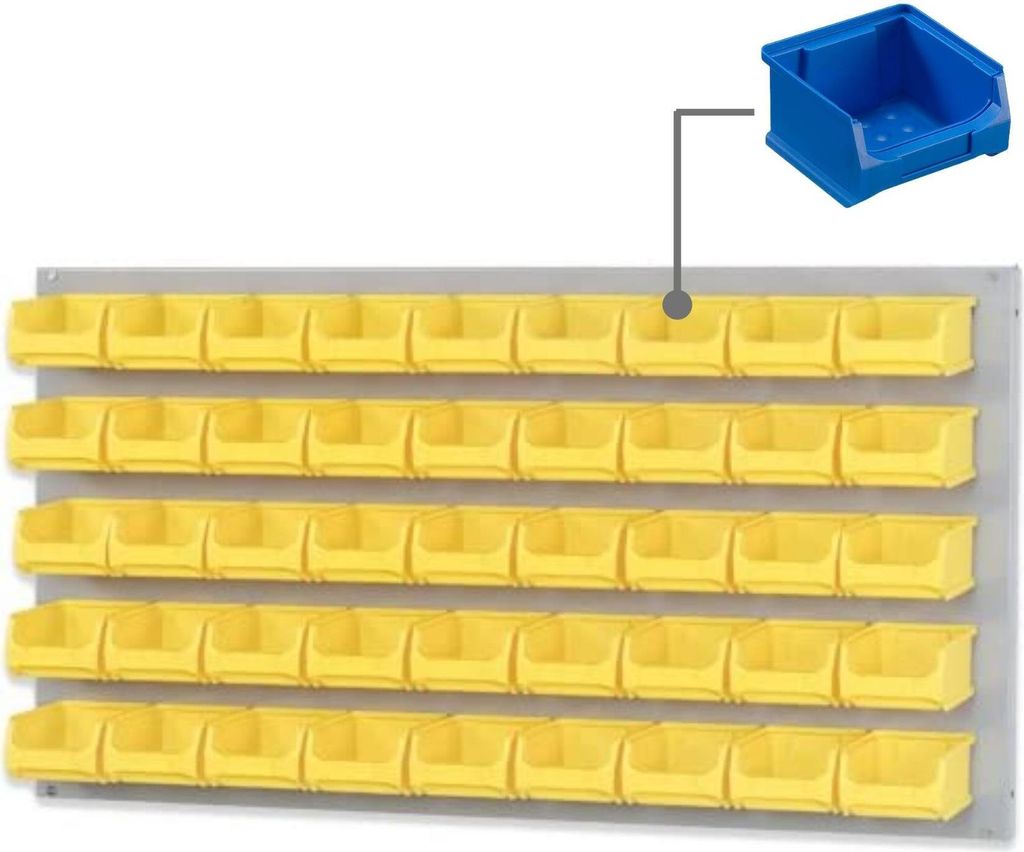 Trägersystem Graue Systemplatte mit 45x blauen Sichtlagerboxen 1.0 | Maße HxB 50x100cm | Sichtlagerbox, Sichtlagerbehälter, Sichtlagerkasten