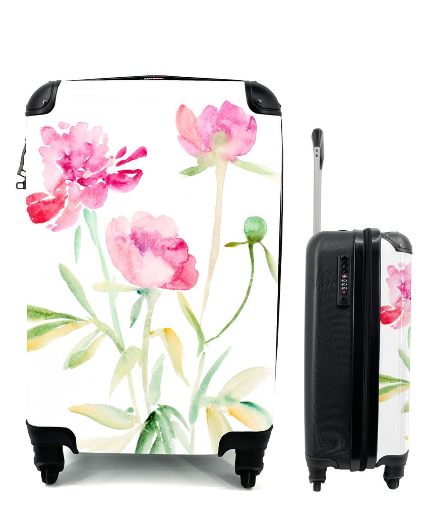 MuchoWow Koffer Handgepäck Trolley Rollkoffer Kleine Reisekoffer mit 4 Rollen - Blumen - Aquarell - Rosa - Cabin Size < 55x40x23 cm & 55x40x20 c...