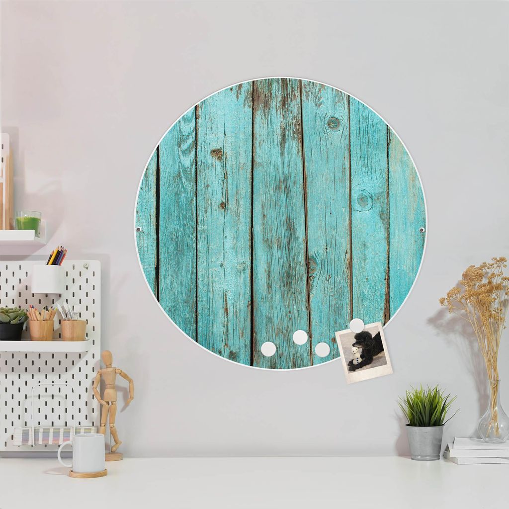 Design Stahlmagnettafel Weiß Rund 47cm Blaues Holz