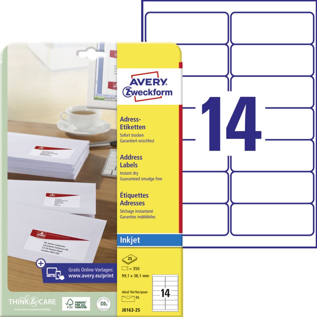 Avery Zweckform J8163-25 Adress-Etiketten, A4, 99,1 x 38,1 mm, 25 Bogen/350 Etiketten, weiß