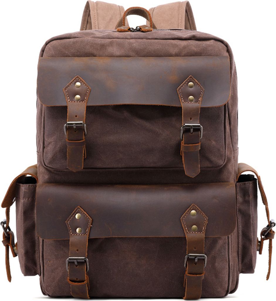 OKWISH Herren Rucksack Canvas mit Leder- Vintage Rucksack Laptoprucksack für Laptop Unitasche Studententasche Schultasche Reisetasche 32x42x14cm