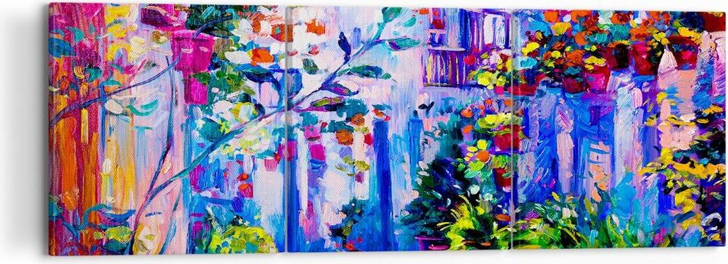 Bild auf Leinwand - Leinwandbild - Zuhause blumen straße himmel - 120x40cm - Wand Bild - Wanddeko - Leinwanddruck - Bilder - Kunstdruck - Wanddeko...