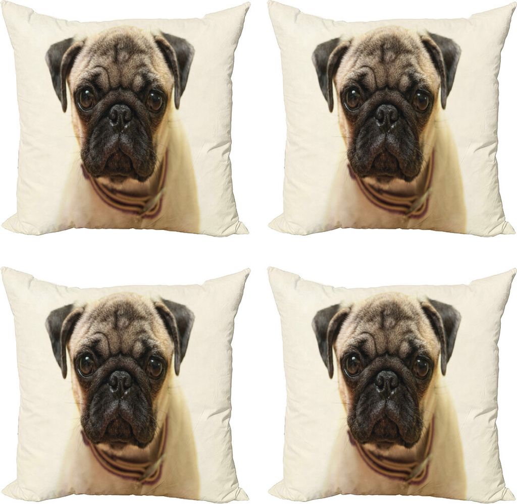 ABAKUHAUS Mops Kissenbezug Set (4 Stück), Rassehund-Fotografie, Moderner Doppelseitiger Digitaldruck, 40 cm x 40 cm, Pale Braun Schwarz